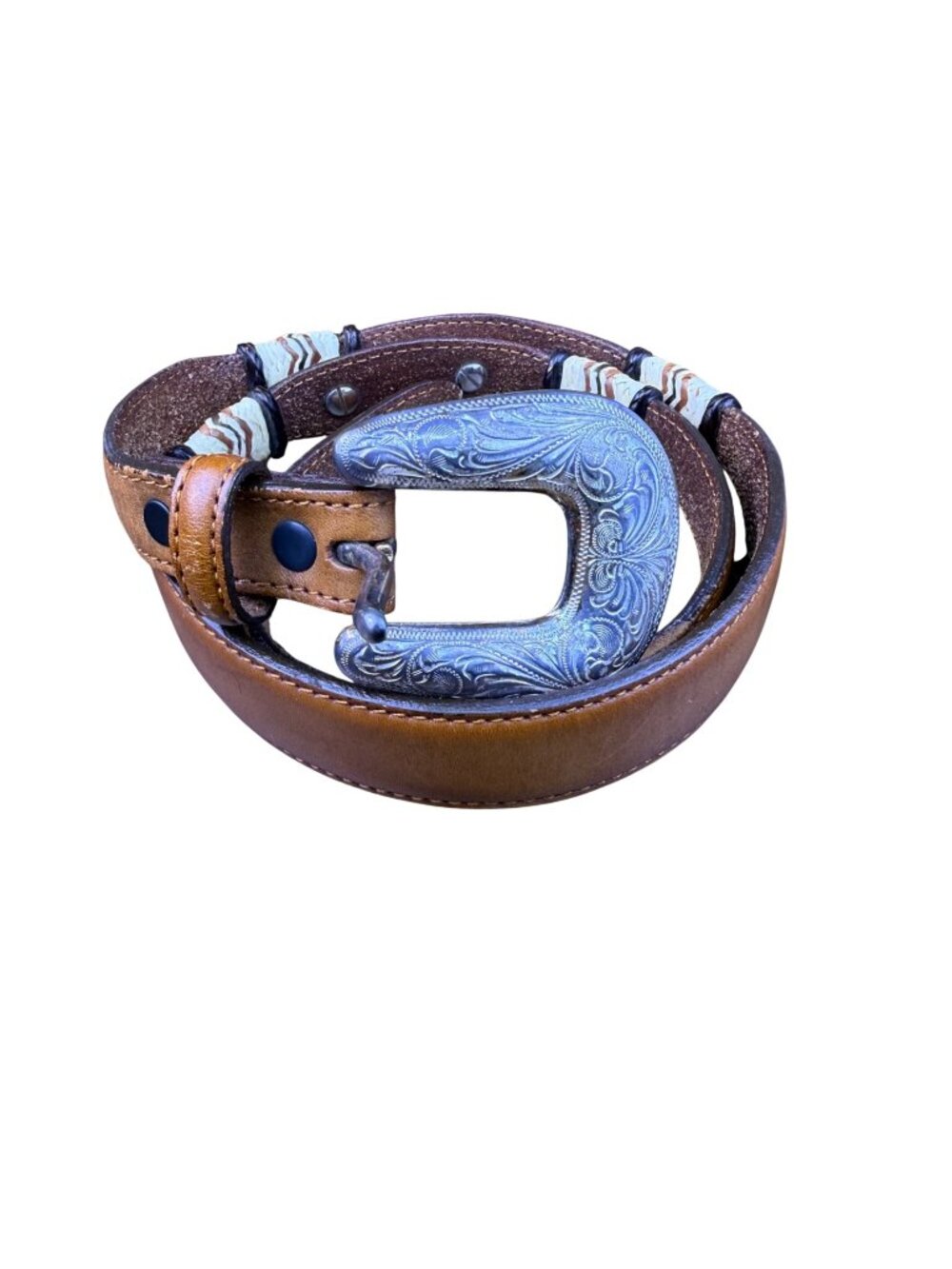 Tony Lama Tan Leather Western Belt With Silver Buckle Embossed Floral Sz 30